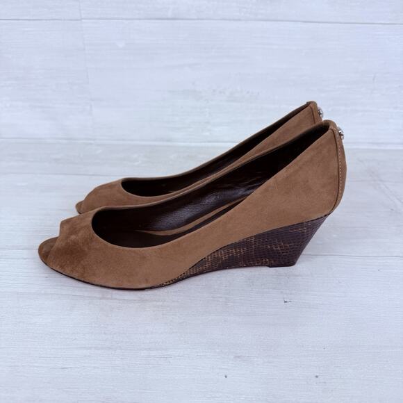 DONALD PLINER Milli Brown Suede Wedges Size 7 Peep Toe Snake Print Heels Preppy - Picture 6 of 14